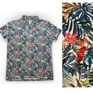 R2 Amsterdam Men's Tropical Print Polo Shirt sz M EUC